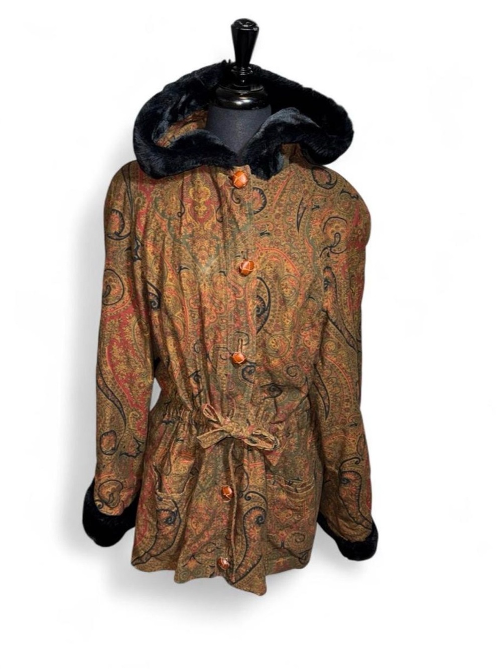 Vintage Women's Paisley Hooded Coat with Faux Fur Trim - Brown